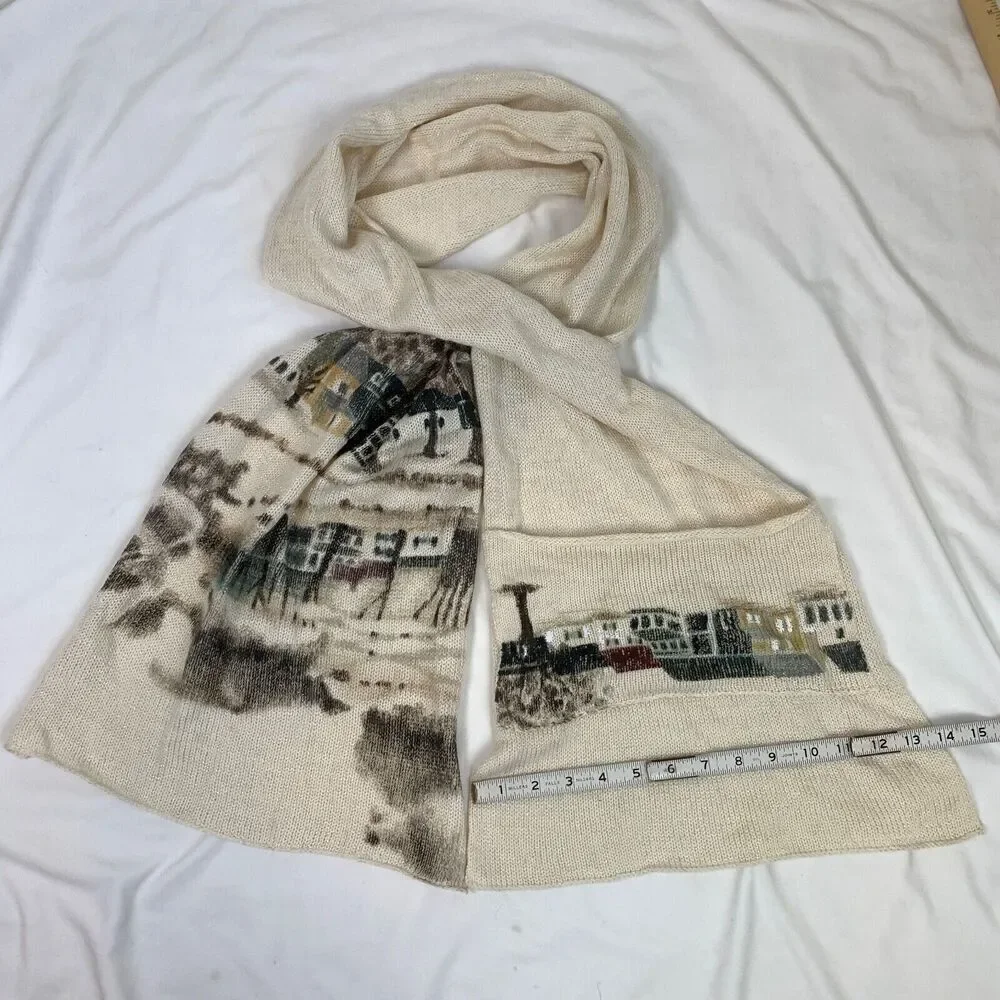 Anthropologie Hani Min Hand Painted Merino Wool Scarf Winter Visit Village Scene